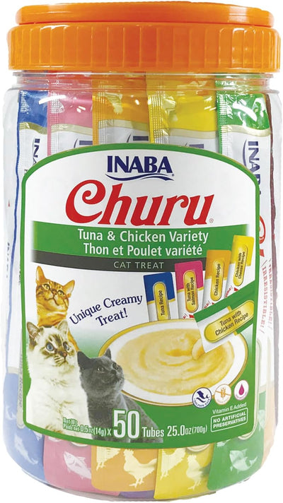 INABA Churu Cat Treats, Grain-Free, Lickable, Squeezable Creamy Purée Cat Treat/Topper with Vitamin E & Taurine, 0.5 Ounces Each Tube, 50 Tubes, Tuna & Chicken Variety